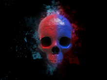 Red And Blue Skull With Nebula Clouds In The Background - 3D Illustration