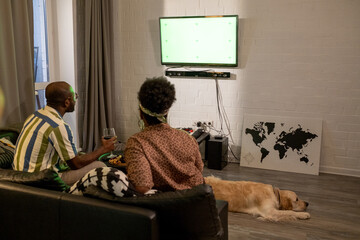 Wall Mural - Rear view of African couple sitting on sofa and drinking wine during their watching of movie on TV with dog lying on the floor