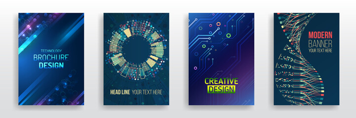 blue layout futuristic brochures, flyers, placards. contemporary science and digital technology conc