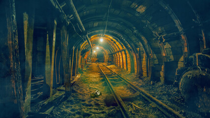 Old underground abandoned coal mine with lights and rails. Inside the mine with fog, illustration, mining equipment.