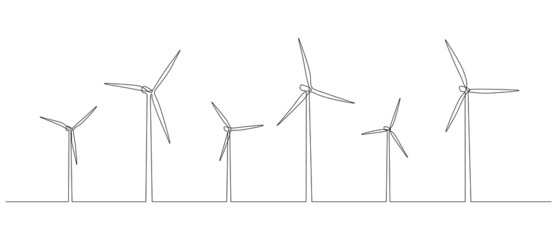 Poster - One continuous line drawing of Wind farm turbines and windmill. Green energy and renewable source of power concept in simple outline linear style. Editable stroke. Doodle vector illustration
