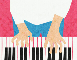 Playing the piano, pianist hands, retro style.