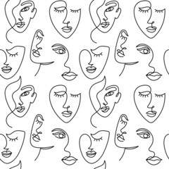 Wall Mural - Seamless pattern of faces of an abstract woman.