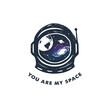 Hand drawn inspirational label with astronaut's helmet and galaxy textured vector illustrations and 