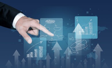 Wall Mural - Businessman draws economic growth graph financial data. Financial and banking Technology.