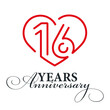 16 years anniversary celebration number sixteen bounded by a loving heart red modern love line design logo icon white background