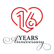 16 Years Anniversary Celebration Number Sixteen Bounded By A Loving Heart Red Modern Love Line Design Logo Icon White Background