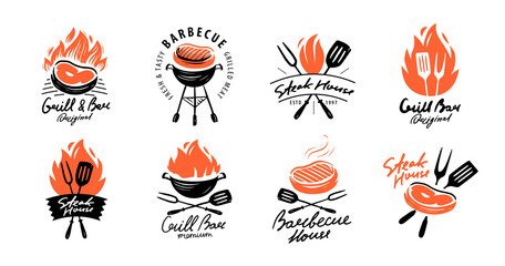 Sticker - BBQ emblem set for restaurant or cafe menu. Grill bar, barbecue food concept