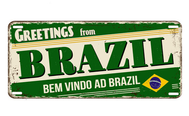 Greetings from Brazil vintage rusty metal plate