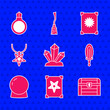 © Vadim - Set Magic stone, Ancient magic book, Antique treasure chest, sword in fire, ball, Pentagram necklace, and ring with gem icon. Vector