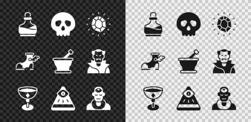 Wall Mural - Set Bottle with potion, Skull, Magic stone, Medieval goblet, Masons, Wizard warlock, Hermes sandal and Mortar pestle icon. Vector