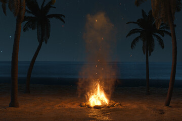 Wall Mural - 3d rendering of bright bonfire with sparks and particles in front of starry sky and palm trees at sa