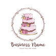Wedding tiered cake with pink peonies and marshmallows. A unique logo for a boutique confectionery or bakery
