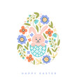 Happy easter card with a bunny in an egg on a background of multi colored flowers