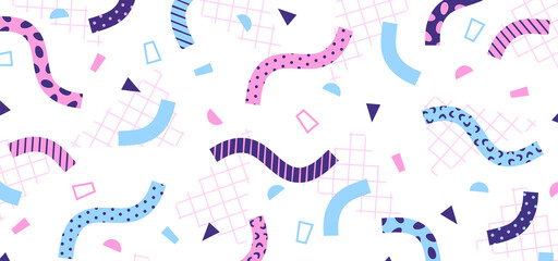 Wall Mural - background in the style of the 80s with pink and blue geometric shapes on the white background. illu