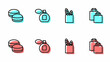 Set line French baguette bread, Macaron cookie, Perfume and Paper shopping icon. Vector