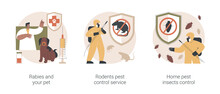 Pest Removal Abstract Concept Vector Illustration Set. Rabies And Your Pet, Rodents Pest Control Service, Home Pest Insects, Puppy Vaccine, Garden Protection, House Proofing Abstract Metaphor.