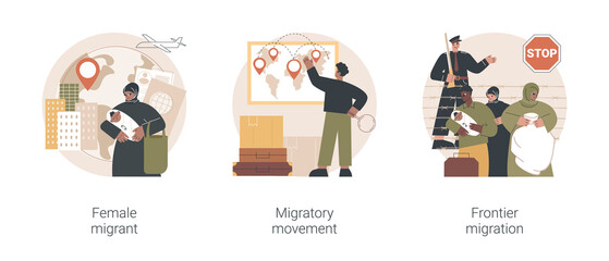 Wall Mural - Human migration abstract concept vector illustration set. Female migrant, migratory movement, frontier migration services, international marriage, passport and documents, crisis abstract metaphor.