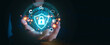 © teerawat - Businessman's hand holding virtual screen padlock and cloud computing global network cyber security data protection business technology privacy concept, Protection internet and clouds business.
