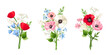 Set of bouquets of red, pink, blue, and white poppy, forget-me-not, bluebell, and lily of the valley flowers isolated on a white background. Vector illustration