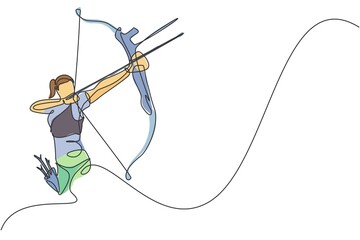 Wall Mural - One continuous line drawing of young archer woman pulling the bow to shooting an archery target. Archery sport training and exercising concept. Dynamic single line draw design vector illustration