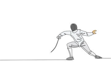 One single line drawing of young man fencer athlete in fencing costume exercising motion on sport arena vector illustration. Combative and fighting sport concept. Modern continuous line draw design