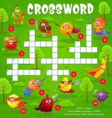 Wall Mural - Crossword worksheet with cartoon fruits superhero, guard and defender personages, vector quiz. Kids riddle game with cross words of fruits guardians in superhero power capes with sword and shields