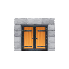 Sticker - Square castle doorway, cartoon vector medieval gate with wooden doors and stone doorjambs. Fortress arch portal, fairytale dungeon or palace arched entry. Isolated temple exterior with riveted forgery