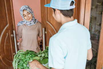 Wall Mural - Deliveryman delivers order of fresh vegetables to female customer's house