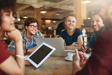 Poster - Study groups stimulate interest and increases confidence. Shot of students studying in a coffee shop.