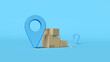 © aurora72 - Cargo delivery, logistics and distribution concept. ?ardboard boxes with location pointer showing the destination. Online order tracking concept. Minimal composition. 3d illustration. 3d render.