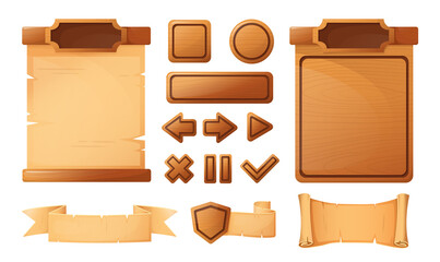Wooden buttons for game user interface, user interface elements isolated on white background. vector cartoon illustration. 