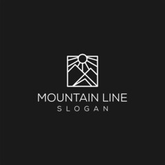 Wall Mural - Mountain landscape geometric logo with sun Sunset or sunrise rectangular abstract icon