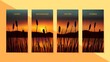 Set of templates for stories,social media banners mock up. Reeds and rushes on the background of a golden sunset on the water with distant hills.