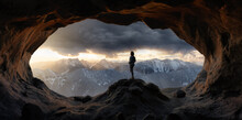 Adult Woman Hiker Standing In A Rocky Cave. Dramatic Colorful Sunset. 3d Rendering. Aerial Background Landscape Image From British Columbia, Canada. Adventure Concept