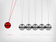Newton's cradle pendulum with swinging spheres red metal ball 3d realistic vector illustration. Hanging balancing balls of newtons cradle science business gadget leadership or communication concept.