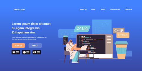 Wall Mural - arab web developer creating program code on laptop screen development of software and programming co