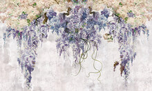 Beautiful Lilac Branches On The Old Grey Vintage Background. Lilac Flowers. Blooming Lilac. Floral Background In Loft, Modern Style. Design For Wall Mural, Card, Postcard, Wallpaper, Photo Wallpaper.