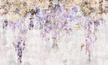 Beautiful Lilac Branches On The Concrete Grunge Wall. Lilac Flowers. Blooming Lilac. Floral Background In Loft, Modern Style. Design For Wall Mural, Card, Postcard, Wallpaper, Photo Wallpaper.