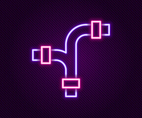 Sticker - Glowing neon line Industry metallic pipe icon isolated on black background. Plumbing pipeline parts of different shapes. Colorful outline concept. Vector