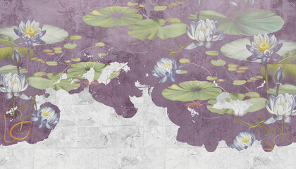 Wall Mural - Water lilies, pitchers. Flowers painted on a concrete wall. Stunningly beautiful, modern mural, wallpaper, photo wallpaper, cover, postcard on an interesting, unusual background.