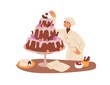 Pastry-cook decorating cake. Chef cooker, confectioner cooking delicious sweet dessert, adding cherry, final touch to confectionary dish. Flat vector illustration isolated on white background