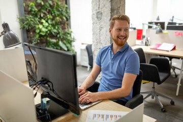Startup business, software developer business people working on computer at modern office