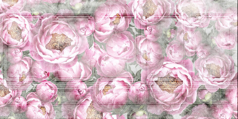 Wall Mural - Flowers painted on a concrete wall. Peonies on the wall grunge texture. Photo wallpaper, wallpaper, fresco, mural, design for walls.