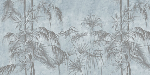 Wall Mural - Graphic exotic plants on the concrete grunge wall. Design for photo wallpaper, wallpaper, mural. Design in the loft, classic, modern style. Tropical leaves and bamboo branches.