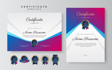 Blue And Pink Purple Technology Certificate Of Achievement Border Template With Luxury Badge And Modern Line Pattern. For Award, Business, And Education Needs