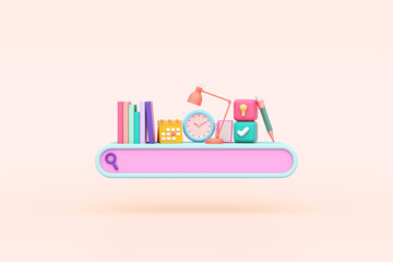 search engine internet online learning kids cute bookshelf table lamp clock light bulb pencil pastel study website children. creative education imagination or business. clipping path. 3D Illustration.