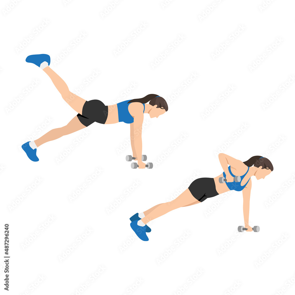 Woman doing alternating plank row leg raise exercise. Flat vector ...