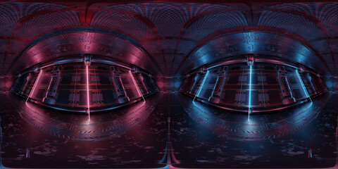 HDRI panoramic view of dark blue pink spaceship interior. High resolution 360 degrees panorama reflection mapping of a futuristic spacecraft 3D rendering