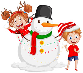 Sticker - Christmas snowman with happy children cartoon character